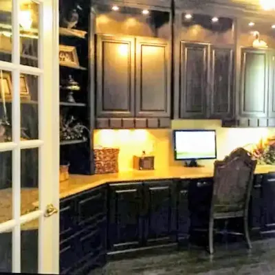 Custom built-in home office desk and cabinets by Aviva Custom Cabinetry